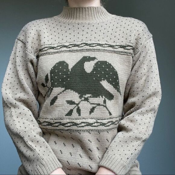 Vintage Women’s Espirt Tan Green Wool Blend Bird Mock Neck Sweater Sz S - Picture 7 of 8